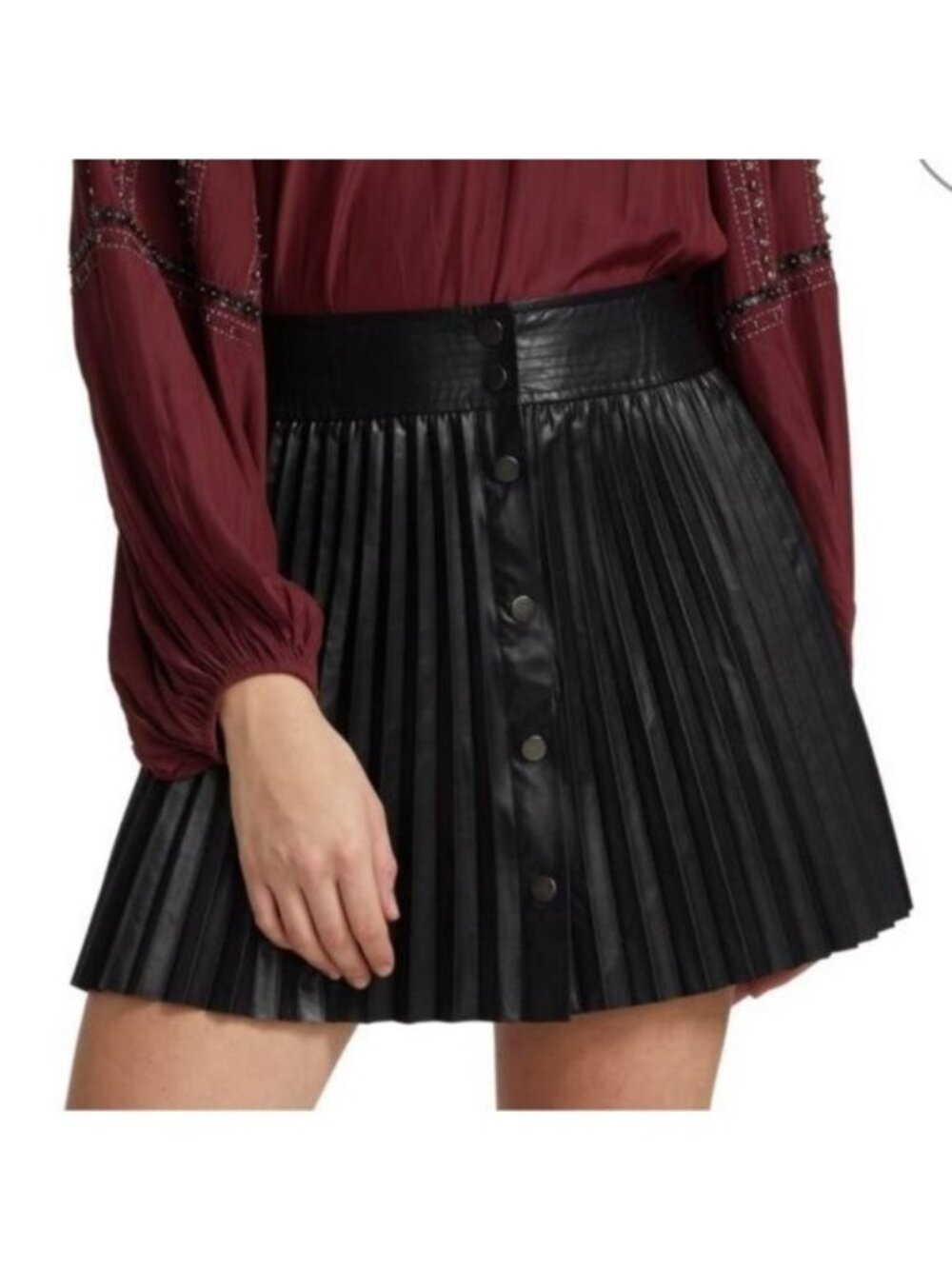 Ramy Brook Anya Pleated Vegan Leather Button-Front Mini Skirt